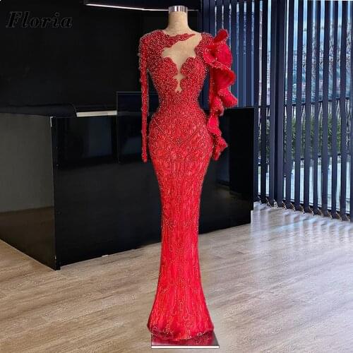 Pageant Red Beading Celebrity Dresses Middle East Long Evening Gowns Vestido De Fiesta 2021 Arabic Crystals Prom Dresses Dubai