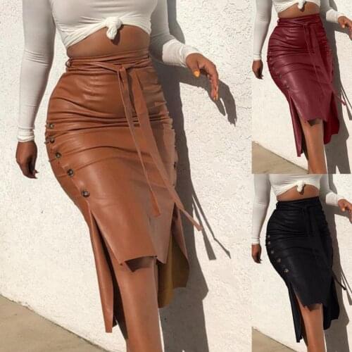 Fashion New Womens Faux Leather Midi Skirt High Waist Button Trim Slim Solid Color Slit Bodycon Pencil Skirt with Belt