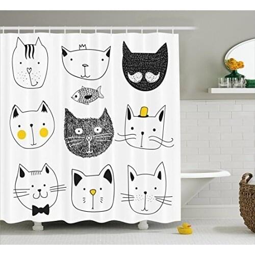 Cat Shower Curtain Stylish Cats with Moustache Bow Tie Hat Crown Fluffy and Fish Humor Faces Graphic Bath Curtain For Bathroom