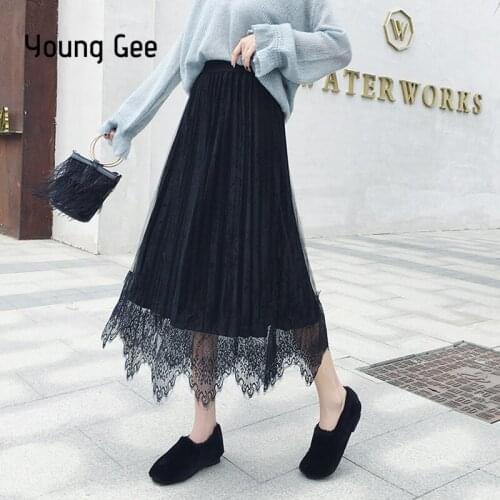 Young Gee Women 2019 Lace Floral Tulle Pleated Skirt Fashion High Waist Elegant Midi Black Mesh Tiered Skirts faldas mujer moda