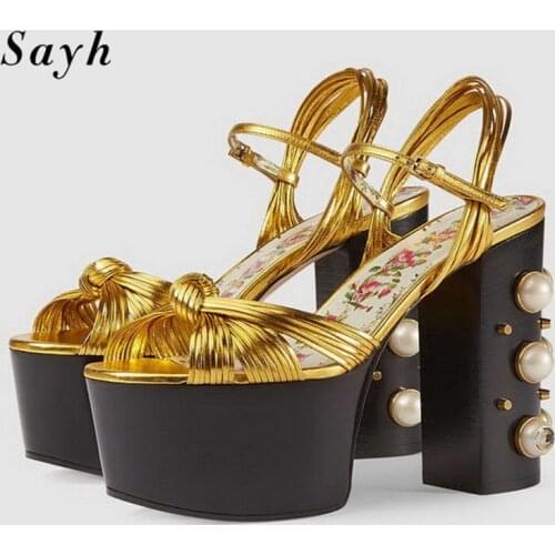 Fashion Summer Women Chunky Heels Platform Peep Toe Sandals Pearl Retro Runway Pumps High Heels Shoes
