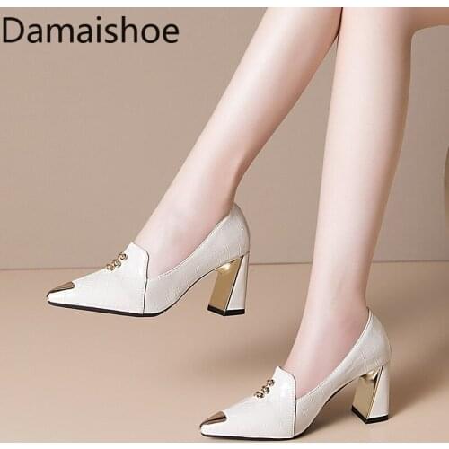 2021 New Single Layer Shoes Women Genuine Leather Shoes Fashion High Heel Chunky Heel Sexy Shoes Anti-Collision Work Shoes Women