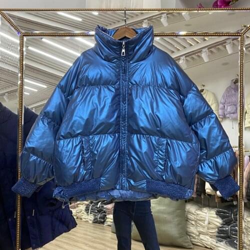 2021 New Korean Down Jacket Coat Womens Short loose Bread Clothing Candy color shiny surface White Duck down warm jackets