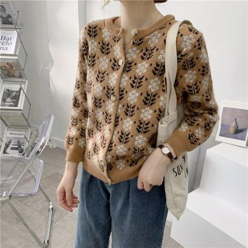 Retro Cardigans Tops Women Round Neck Long Sleeve Knitting Sweater Coat 2021 Autumn Winter Fashion Loose Ladies Tops