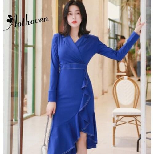 Women Ruffles Asymmetrical Dress 2018 Autumn Blue Long Sleeve Notched Collar Dress Elegant Office Work Party Dresses Vestidos