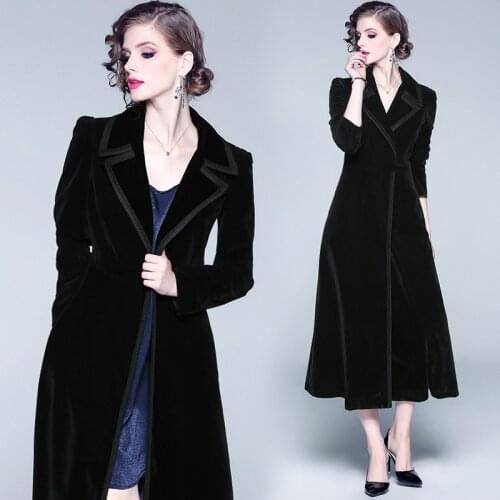 2019 Winter Runway Designer Vintage Elegant Dignity Women Long Coat Collar Wrap Black Velvet Maxi Coat Thick Warm Coat Outwear