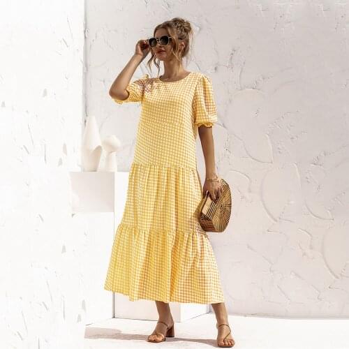 For Womens Summer Loose Dresses Fashion Printing O Neck Stitching Folds Big Short Sleeve Ladies Long Dresses 2021 Robe Femme