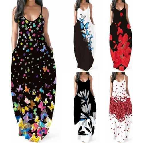 Women 3D Degital Print Sexy Spaghetti Strap Long Dress Summer New Casual Loose Sleeveles Pocket Boho Holiday Robe Maxi Vestidos