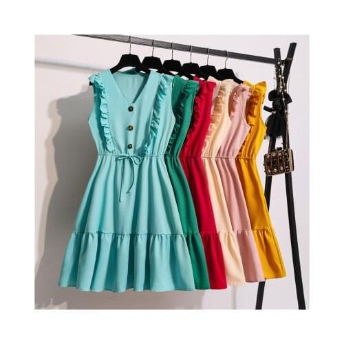 Female Solid Color Sleeveless V-neck Ruffled Lace-up Button Dress Womens Fashion Sweet Elastic Waist Pink A-line Slim Dress XL