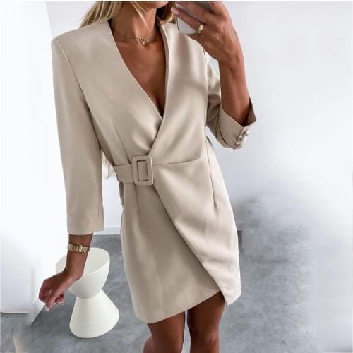 Foridol Belt Women Blazer Dress Beige Autumn Winter Elegant Office Ladies Dress Robe Femme 2021 New 3/4 Sleeve Dress Casual