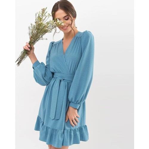 Shyloli Women Casual Dot Ruffles A-line Belt Dress V-neck Lantern Long Sleeve Mini Dress Blue 2021 New Fanshion Autumn Dress