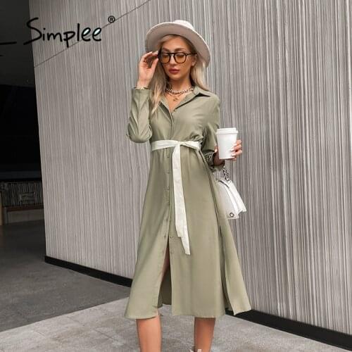 Simplee High street long sleeves split women dress autumn Buttons lace up solid loose maxi dresses Elegant green vestidos 2021