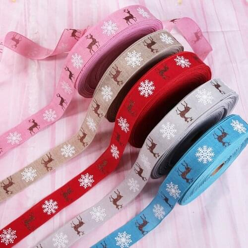 10M*5cm New Linen Ribbons For Crafts Elk Snowflake Ribbons Christmas Ribbon Decorative Printed Ribbon Christmas Tree Decoration