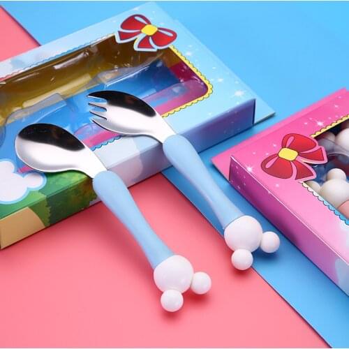 2Pcs 304 Stainless Steel Spoon Cartoon Children Spoon Fork Set Baby Feeding Spoon Curved Anti-scalding Tableware Gift for Kids
