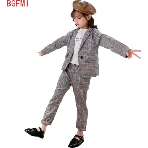 Plaid Children Blazer Fashion Wedding Kids Suit for Girls Uniform Pant Suits for Teenagers 2PCS Blazer Set