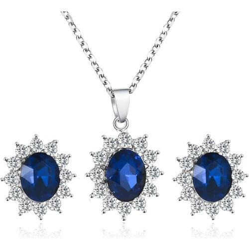 Queen Royal ocean blue white gold crystal rhinestones zircon pendant chain necklace earrings Jewelry sets