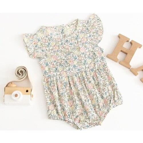 Baby Girls Newborn to 24 Months O-neck Sleeveless Small Flowers Print 100% Cotton Rompers Triangle Design Summer Rompers