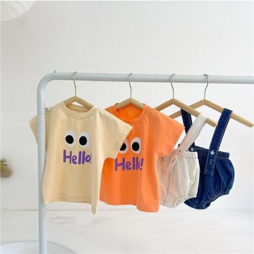 Angoubebe 212S67 Baby suit Summer girls hello print short sleeved top and stringer shorts two piece baby suit