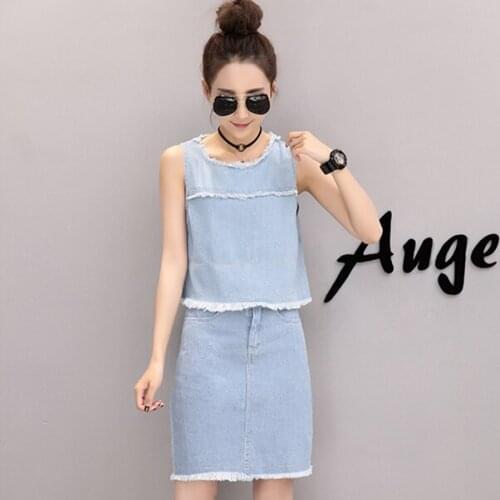 2 Piece Set Women 2019 Summer Korean Casual Ripped Tassel Sleeveless Jeans Crop Top Blue Denim Skirt Set conjunto feminino S75