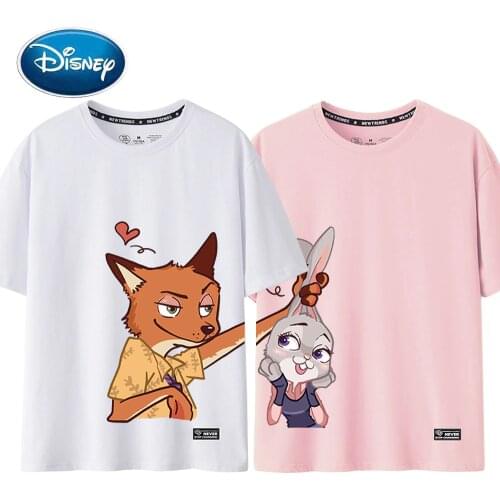 Disney T-Shirt Chic Fashion Zootopia Rabbit Fox Cartoon O-Neck Women T-Shirt Unisex Couples Cotton Tee Short Sleeve Tops 8 Color