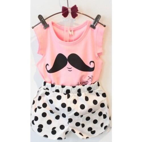 2016 summer Kids Girls clothing set Korean moustache vest T-shirt + shorts two piece suit for children clothes set