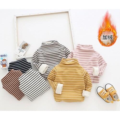 Toddler Kids Long Sleeve Thicken Tshirt Autumn Winter Child Stripe Turtleneck Bottoming Shirt Baby Boys Girls Velvet Warm Tshirt