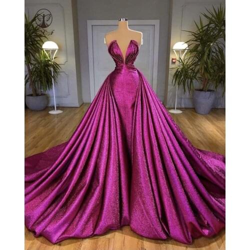 Best Selling Vestidos De Fiesta Fuschia Deep Neck Sweeheart Pleated Sleeveless Sheath Evening Dresses with Overskirt