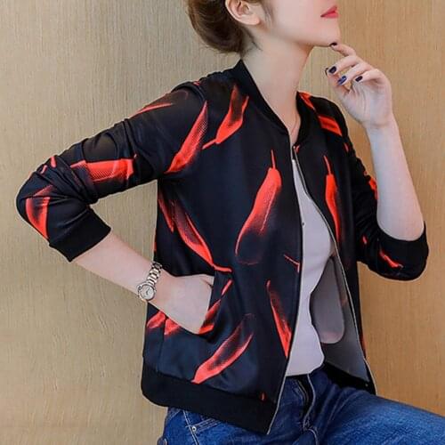 Fashion Floral Printing Women Jacket Long Sleeves Zipper Slim Short Jacket Baseball Uniform Sports Overcoat Jacket Zipper Coat