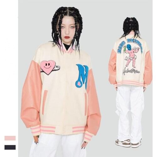 Fashion Couple Tops Autumn and Winter Loose Varsity Jacket Streetwear Hip Hop Angel Embroidery PU Sleeves Mens Baseball Jackets