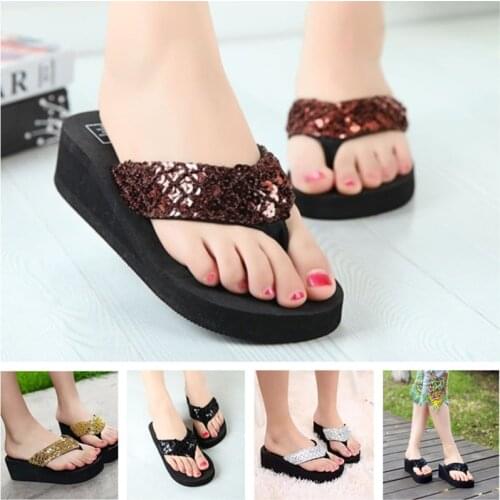 New Ladies Womens Girls Sequin Flatform Wedge Flip Flops Shoes Beach Sandals Comfortable black