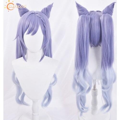 Game Genshin Impact Keqing Cosplay Wigs Ponytails Mixed Purple Cosplay Wig with Ears Heat Resistant Synthetic Hair