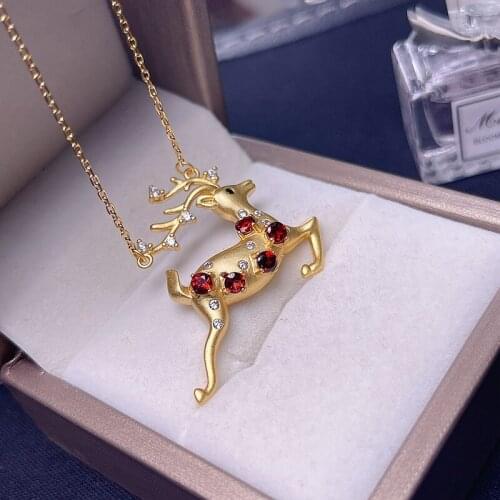 925 Silver Natural Garnet Necklace Fawn Style Cartoon Elk New Price Cheap