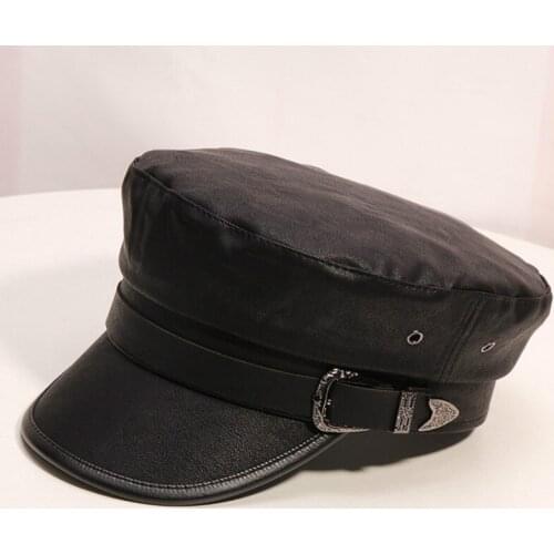 H747 Women Flat Top Black Military Hat Female Autumn Winter British Retro Artificial Leather Navy Cap Girl Fashion Casual Hats