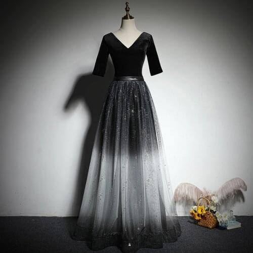 Evening Dress V-Neck Half Sleeves Fashion Sequins A-Line Simple Tulle Empire Floor-Length Black Party Formal Dresses Woman B1085