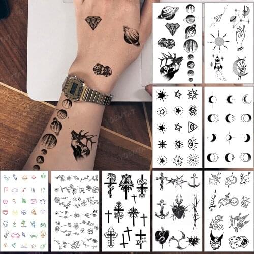 Waterproof Temporary Tattoo Sticker Diamond Planet Moon Black Tatto Finger Arm Fake Tatoo Woman Man Child Flash Tattoos