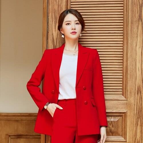 Ladies suits autumn and winter new double-breasted long section professional decoration trousers womens two-piece suit