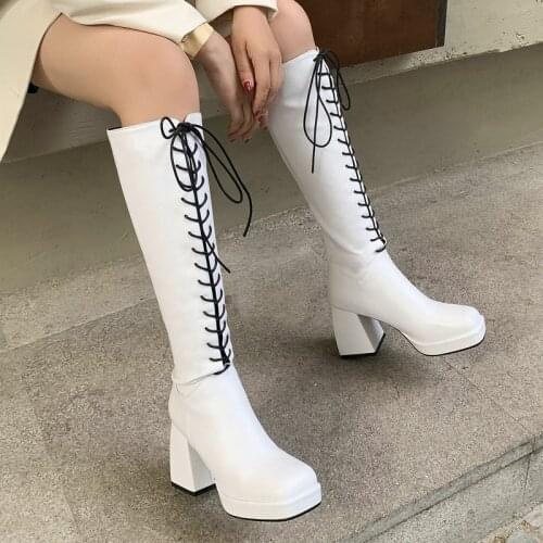 2021 Retro Square Toe Women Knee High Boots Platform Thick High Heel Zipper Long Boots Cross Tied Autumn Winter Women Shoes