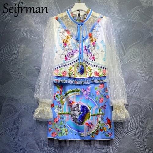 Seifrmann New 2021 Summer Women Fashion Runway Skirts Set Lantern Sleeve Loose Tops+High Waist Print Skirts 2 Two Pieces Suits