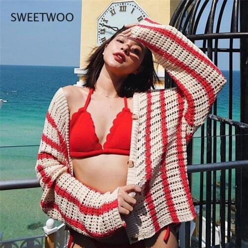 Knitted Long Sleeve Cardigan Women Red Stripe Loose Y2K Autumn Winter Fashion Casual Sweater Top V Neck Oversized