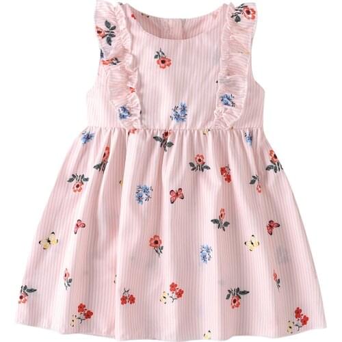 Girls Summer Sleeveless Dress Fresh Stripe Flower Flounce Round Neck A-line Princess Dress