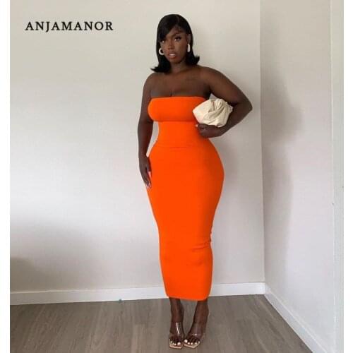 ANJAMANOR Sexy Solid Color Tube Top Bodycon Dress Plus Size Women Clothing Summer 2021 Party Clubwear Maxi Dresses D27-BA28