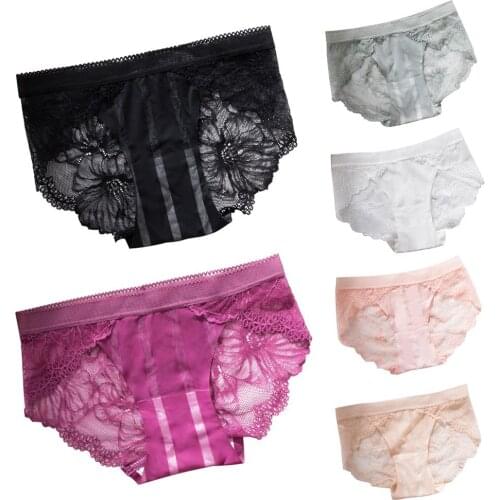 Women Sexy Seamless Jacquard Lace Patchwork Solid Color Cotton Underwear Briefs