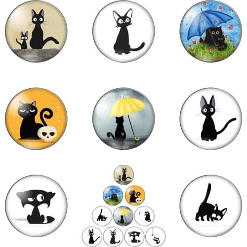 Cartoon Lovely Black Cats Funny Animal 10pcs Mixed 12mm/16mm/18mm/25mm Round Photo Glass Cabochon Demo Flat Back Making Findings