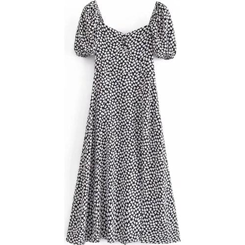 2021 Summer women Square Collar vintage Printed Side split Dresses Fashion Party Middle length Vestidos puff sleeve Midi Dress