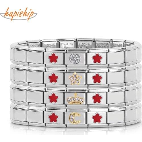 Hapiship Fashion Star Crown CZ Red Flower Charm Links Stainless Steel Bracelet Birthday Gift Bangle for Women Men Jewelry G170