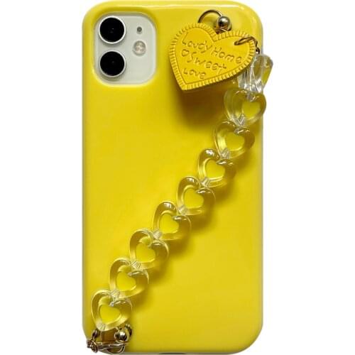 Lemon Yellow Heart Wrist Chain Case for iPhone 12 Pro Max Back Phone Cover for 12 11 Pro Max X XS XR 8 7 Plus SE 2020