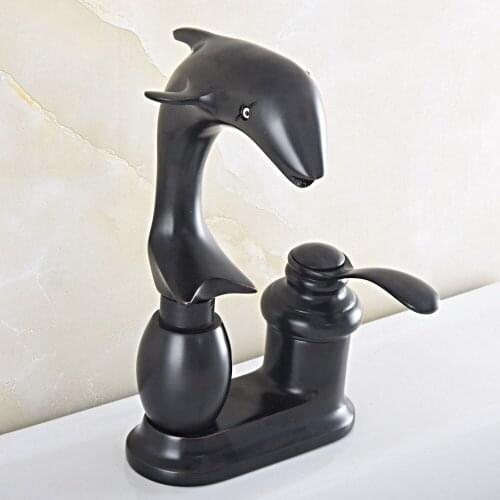 Black Oil Rubbed Bronze Swivel Spout Single Handle Cute Animal Dolphin Style Bathroom Kitchen Two Holes Faucet Mixer Tap msf830