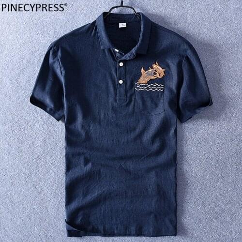 Linen Cotton Cool Breathable Soft Men T Shirt Short Sleeve Fish Embroidery Summer Casual Turn-down Collar Quality Man T-shirts