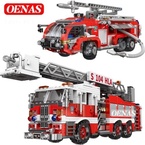 MOC City High-Tech Technique Car City Airport Fire Ladder Truck Model Building Blocks Kids Boys Educational Toys Children Gift