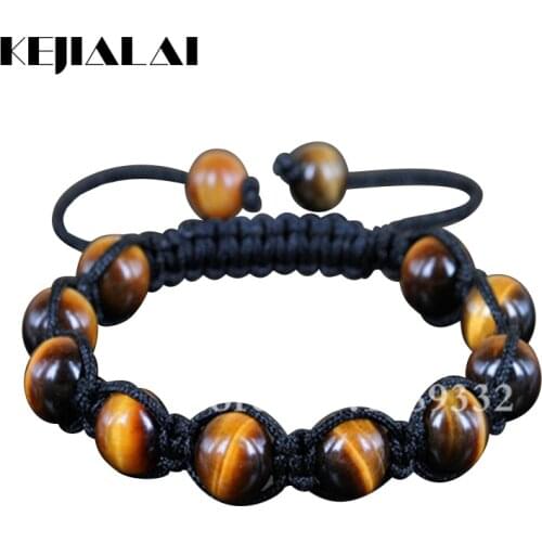 KEJIALAI Nature Tiger Eyes Semi Precious Stones Beads Macrame Bracelet Handmade Braiding Adjustable Bracelet Men Bracelet Bangle